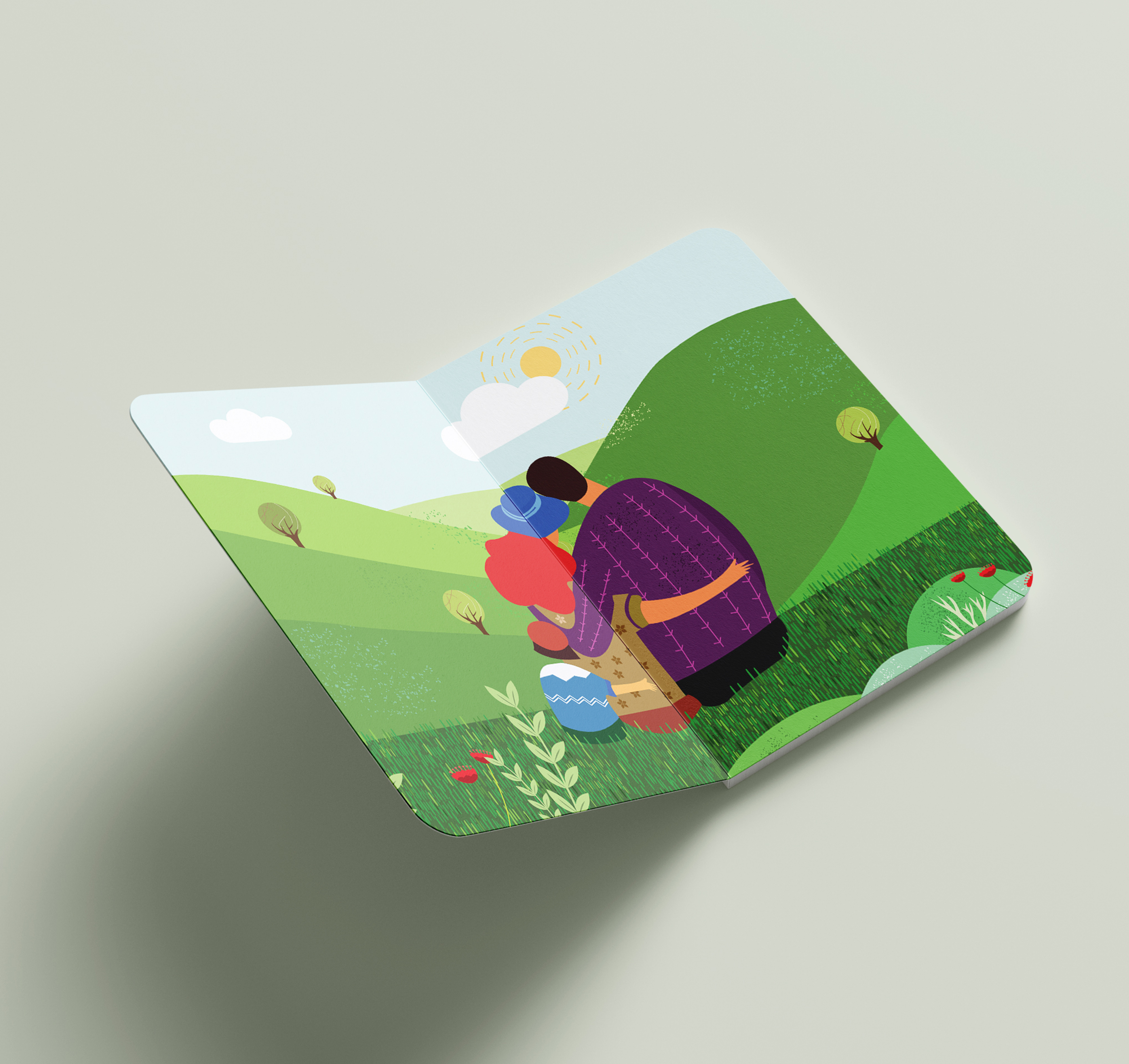 Vacationclub children's book illustration showing a person and child enjoying a sunny picnic in green hills.