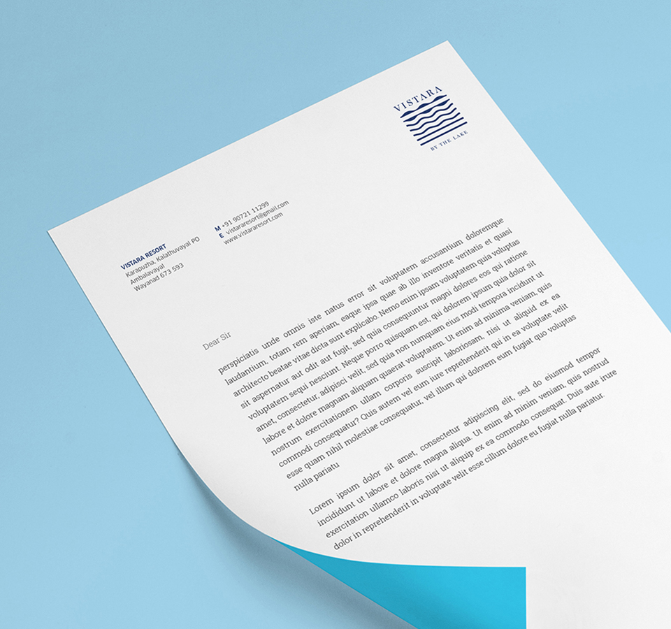 Vistara Resort official letterhead featuring logo, contact details, and formal correspondence on a light blue backdrop